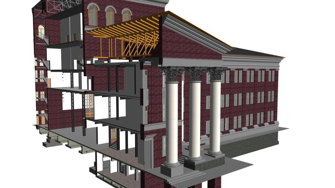 Конструктивная модель здания, внесены размеры и материалы несущих и ограждающих конструкций