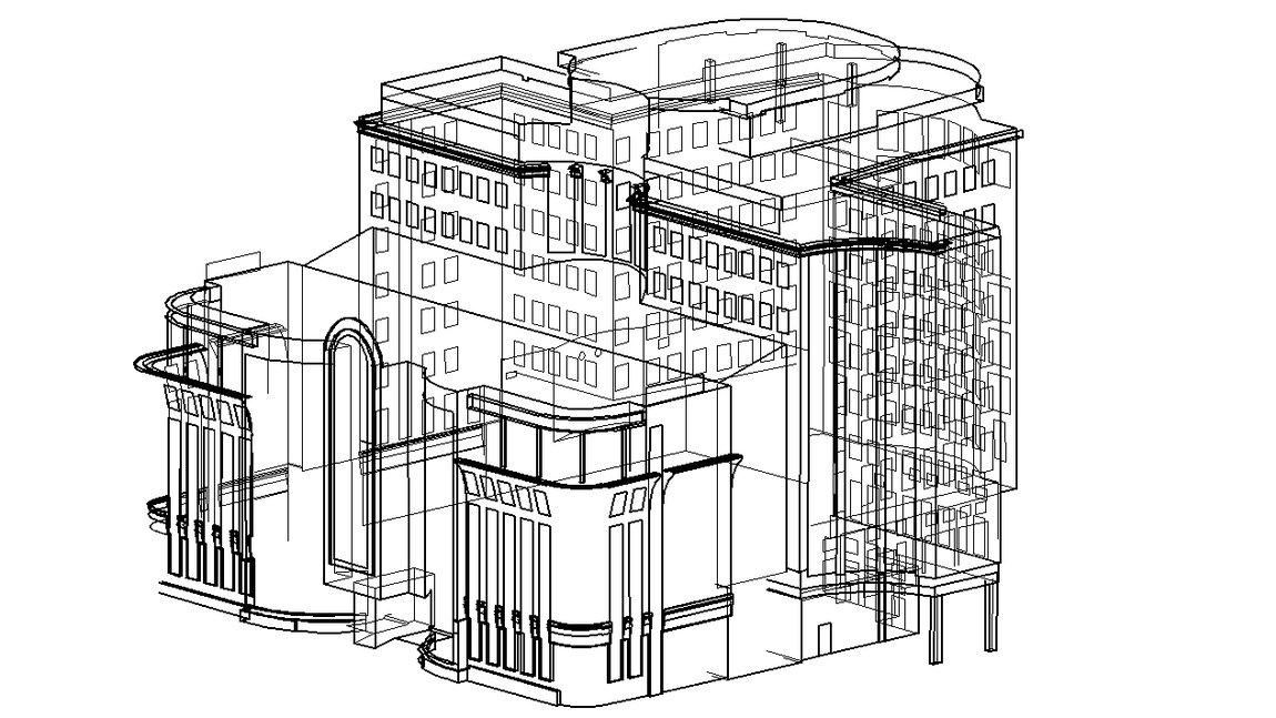 3D модель обследуемого здания, составленная на основе геодезической съемки и обмерных работ